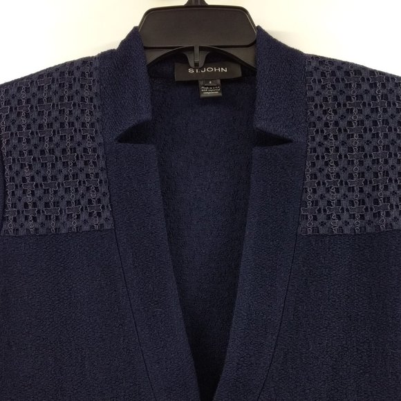 ST‎ JOHN Caris Geo Blazer Women's 6 Navy Santa Knit Lace Notch Collar Jacket - Picture 9 of 16